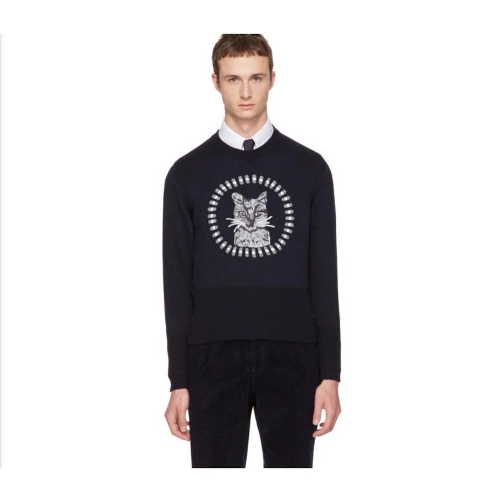 Thom Browne Unisex Merino Wool Old Money Navy Sweater Cat Crewneck Preppy XXS - Picture 2 of 7